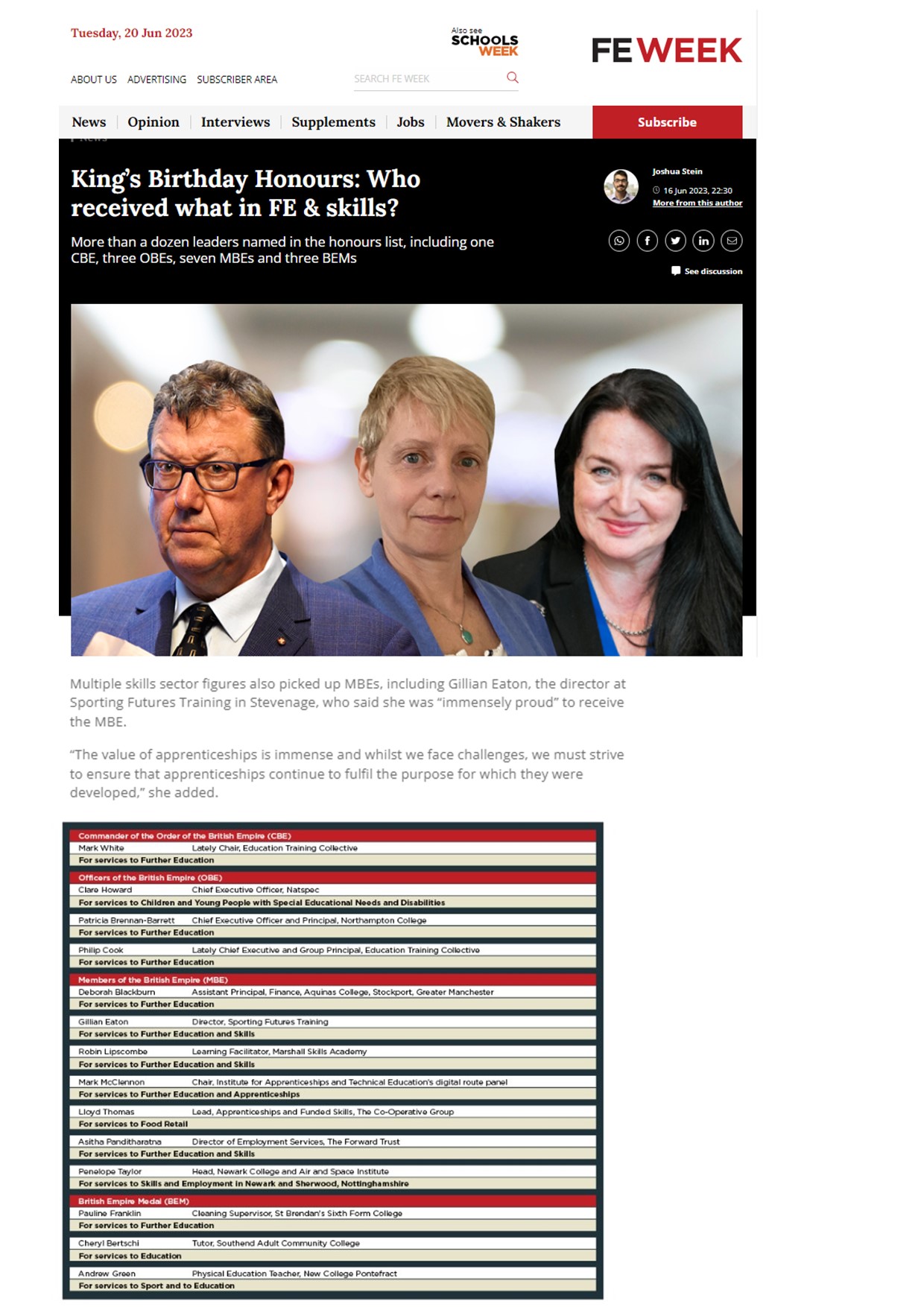 Press Clipping | King’s Birthday Honours: Who received what in FE and skills?