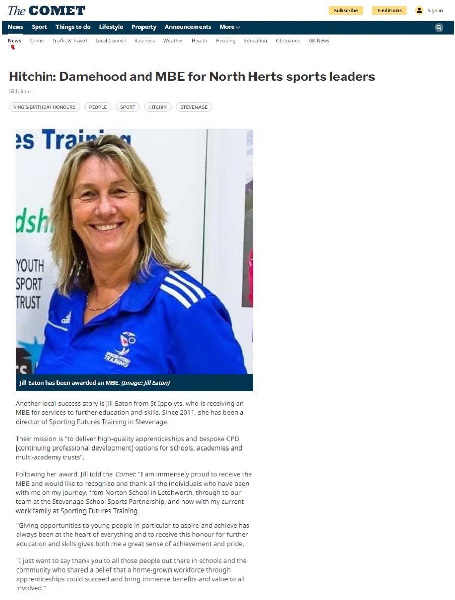 Press Clipping | MBE awarded to Jill Eaton for services to further education and skills