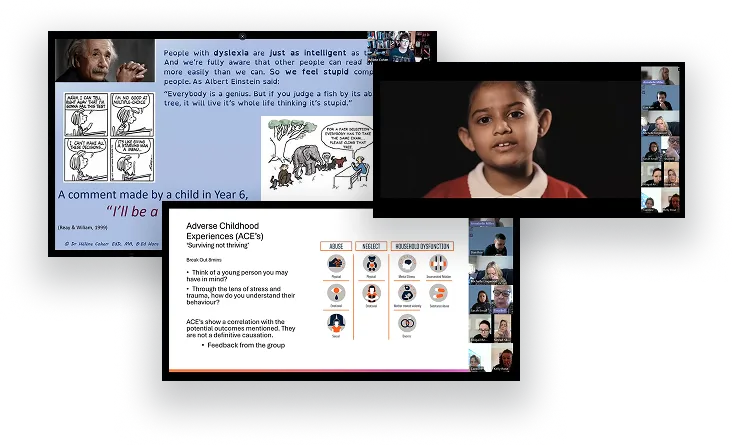 A couple of screenshots from recent SEND masterclasses showing impact of ACEs and Albert Einstein's quote about dyslexia.