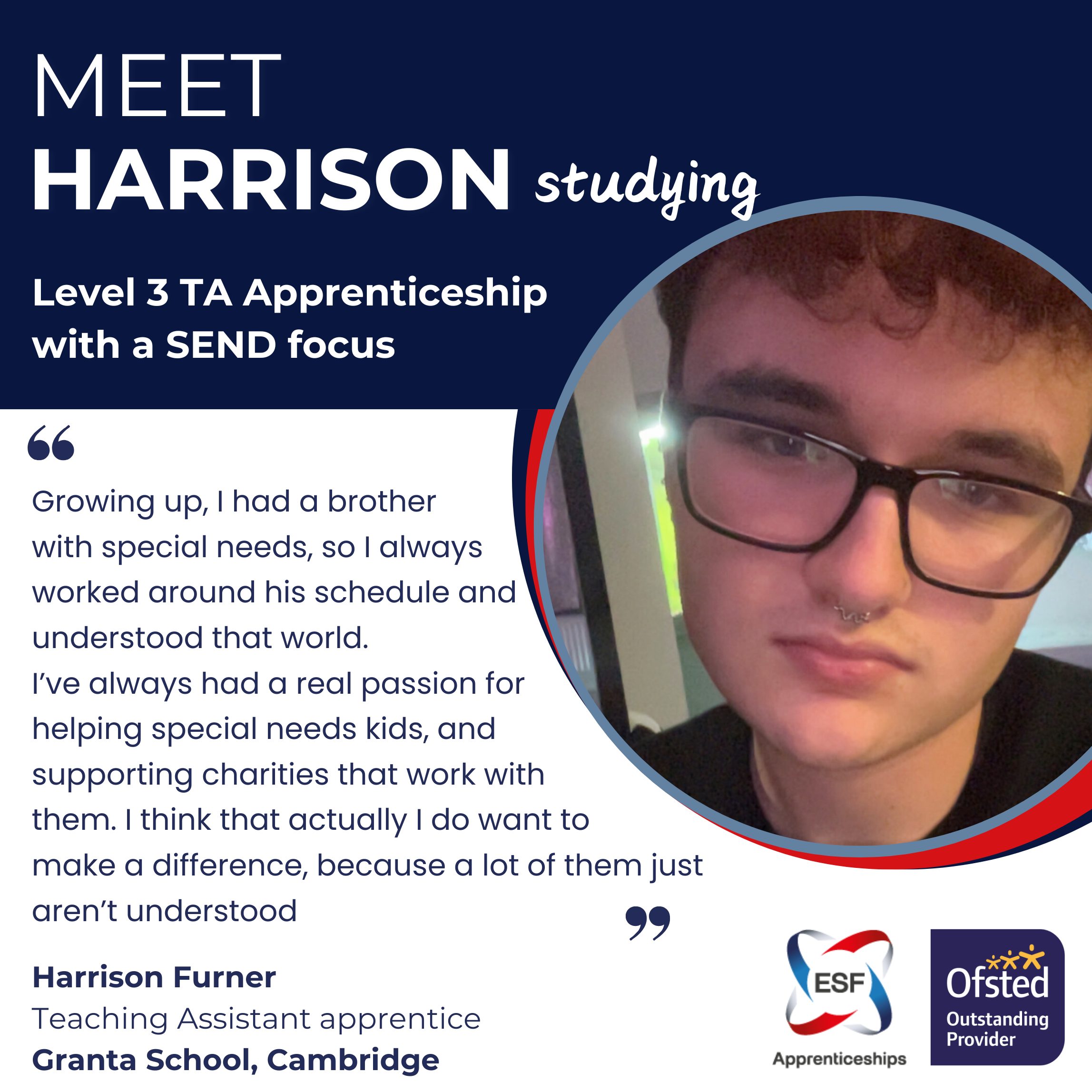 An image of Harrison who is studying a Level 3 TA Apprenticeship with a SEND focus